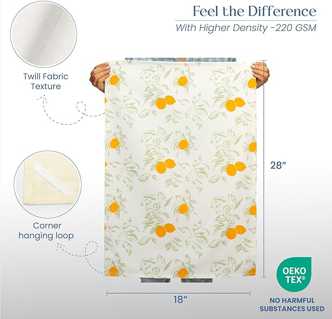 Set of 2 Lemon Printed Kitchen Towel 18" x28", 100% Fresh cotton, Sage & Yellow - India Wholesale Co.