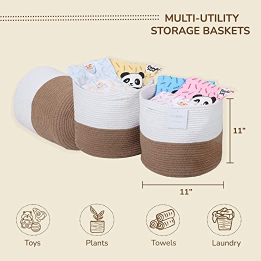Cotton Basket Set of 3 White/Beige 11x11x11" - India Wholesale Co.