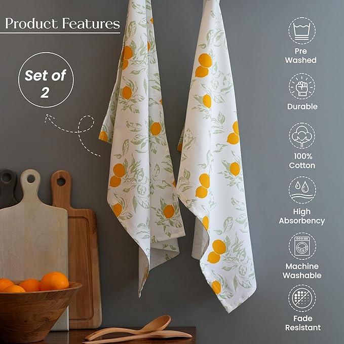 Set of 2 Lemon Printed Kitchen Towel 18" x28", 100% Fresh cotton, Sage & Yellow - India Wholesale Co.