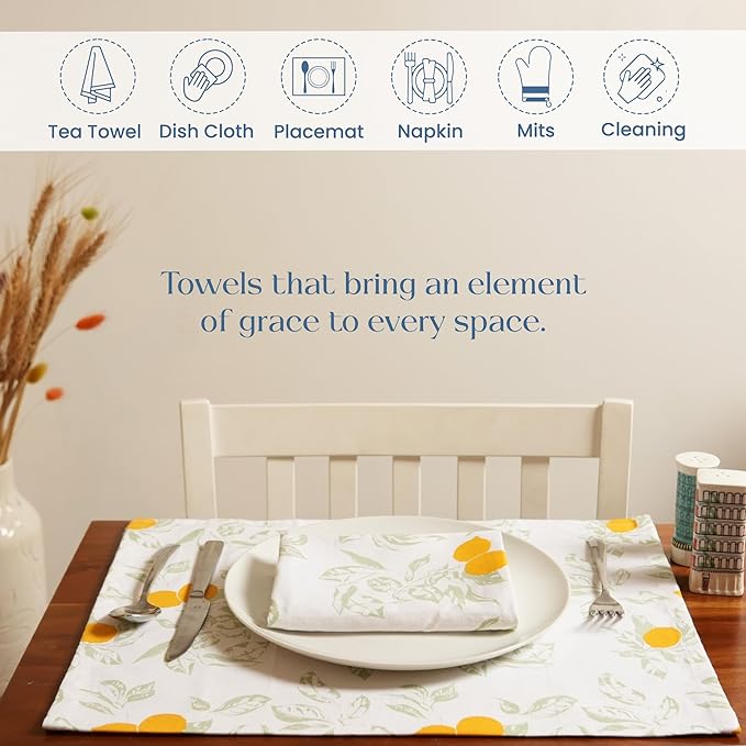 Set of 2 Lemon Printed Kitchen Towel 18" x28", 100% Fresh cotton, Sage & Yellow - India Wholesale Co.