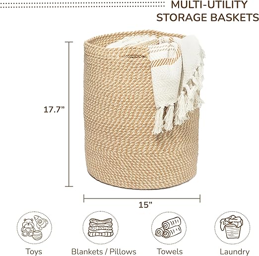 Cotton Basket, Cotton, 15x15x17.7, Brown & White- Melange - India Wholesale Co.