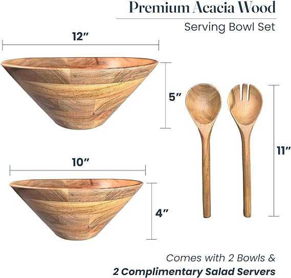 Bowls Plain Acacia - 12x5" and 10x4", Set of 2 - Natural - India Wholesale Co.