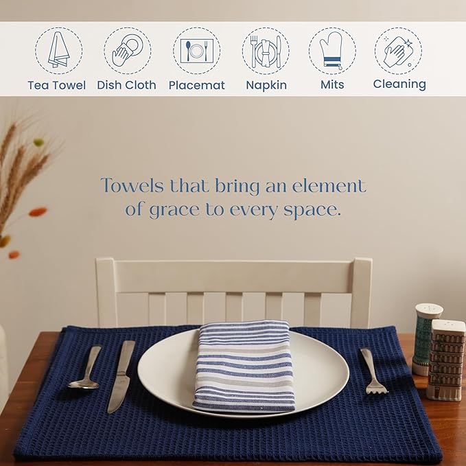 Set of 3 yarn Dyed with Waffle Kitchen Towel, 18" x 28", Recycled Cotton, Blue - India Wholesale Co.