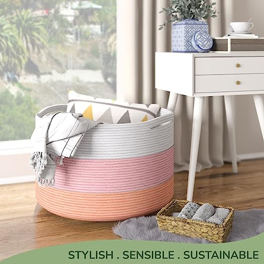 Cotton Basket without Lid Pink and White 21.7x21.7x13.8" - India Wholesale Co.