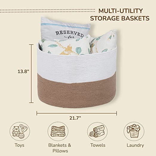 Cotton Basket without Lid White/Beige 21.7x21.7x13.8" - India Wholesale Co.