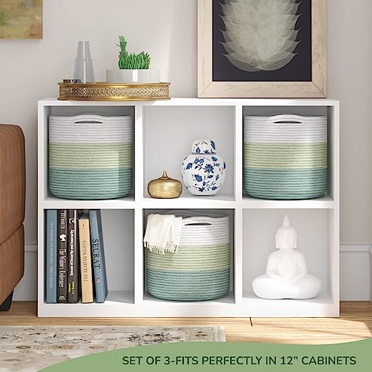 Cotton Basket Set of 3 Green and White 11x11x11" - India Wholesale Co.