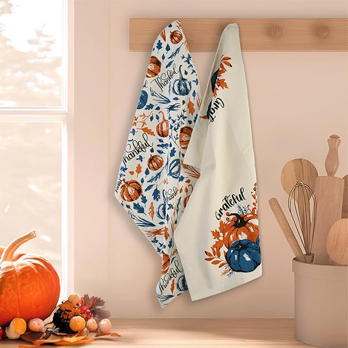 Set of 2 Thankful & Grateful Printed Dish Towels, 18" x28", 100% Cotton, Blue & Orange - India Wholesale Co.