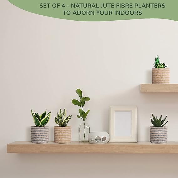 Jute Planters with Poly-Lining Set of 4 Orange/Natural Jute & Teal Blue/Natural Jute X2 6.5x6.5x6" - India Wholesale Co.