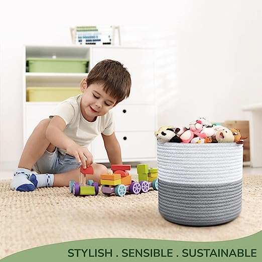 Cotton Basket Set of 3 White/Grey 11x11x11" - India Wholesale Co.