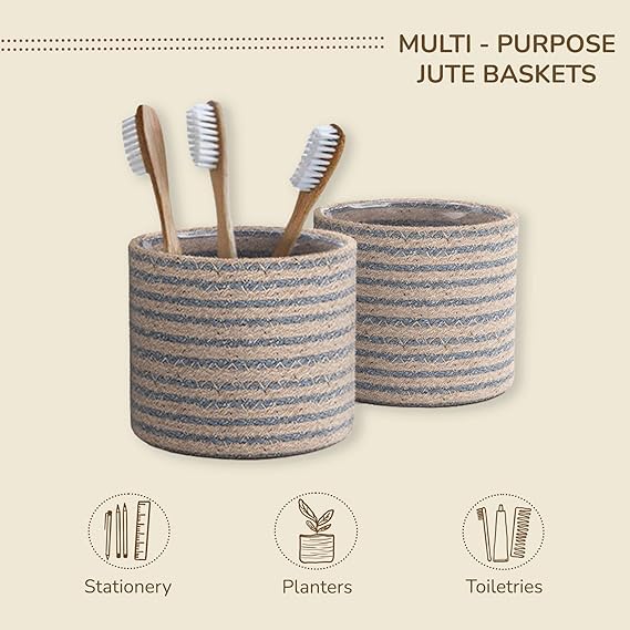 Jute Planters with Poly-Lining Set of 2 Teal Blue/Natural Jute 6.5x6.5x6" - India Wholesale Co.