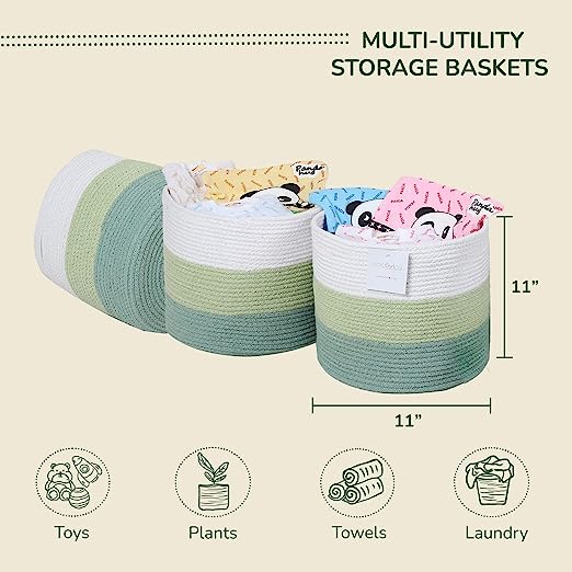 Cotton Basket Set of 3 Green and White 11x11x11" - India Wholesale Co.