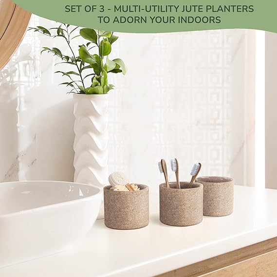 Jute Planters with Poly-Lining Set of 3 Natural Jute 4.5x4.5x4" - India Wholesale Co.