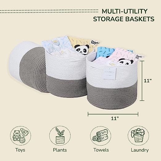 Cotton Basket Set of 3 White/Grey 11x11x11" - India Wholesale Co.