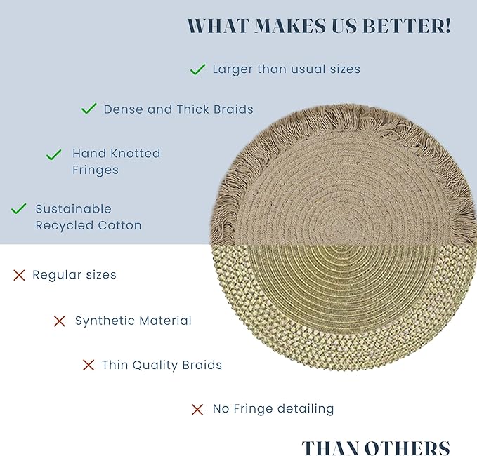 Beige Braided Solid Placemat with fringes set of 4 (13" + with 2" fringes) +4 Coasters (4")- Recycle Cotton - India Wholesale Co.