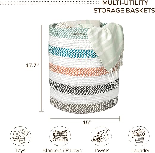 Cotton Basket, Cotton, 15x15x17.7, Multicolor- Melange - India Wholesale Co.