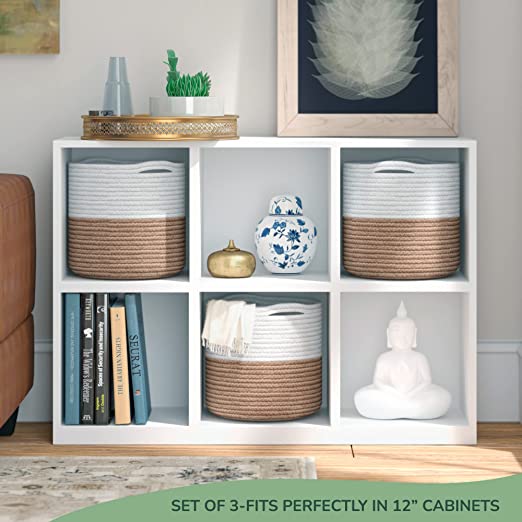 Cotton Basket Set of 3 White/Beige 11x11x11" - India Wholesale Co.