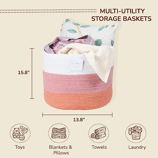 Cotton Basket without Lid Pink and White 15.8x15.8x13.8" - India Wholesale Co.