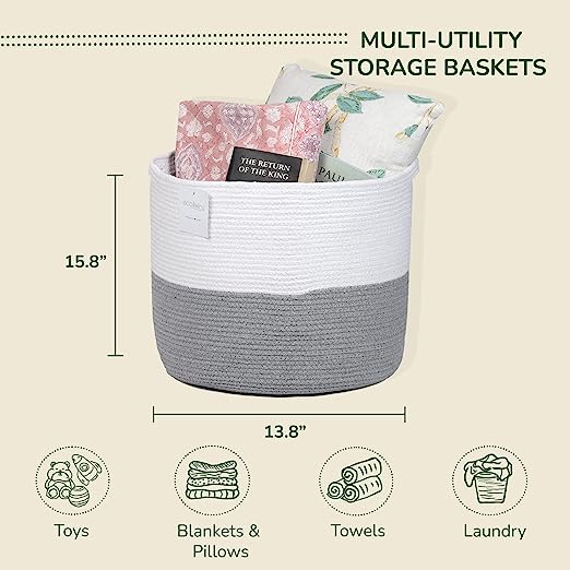 Cotton Basket without Lid White/Grey 15.8x15.8x13.8" - India Wholesale Co.