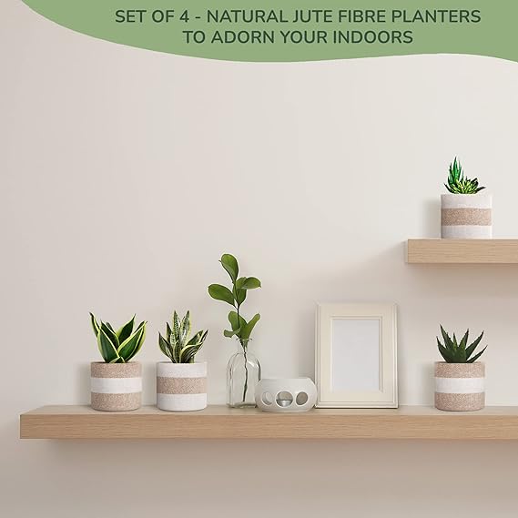 Jute Planters with Poly-Lining Set of 4 White/Natural Jute in 2 patterns X2 6.5x6.5x6" - India Wholesale Co.