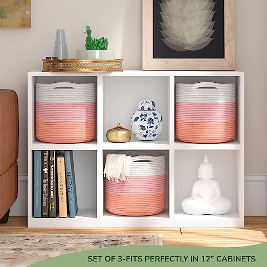 Cotton Basket Set of 3 Pink and White 11x11x11" - India Wholesale Co.