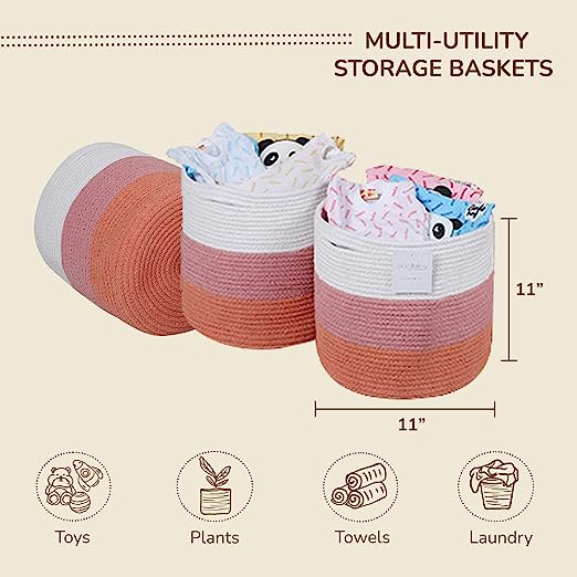Cotton Basket Set of 3 Pink and White 11x11x11" - India Wholesale Co.
