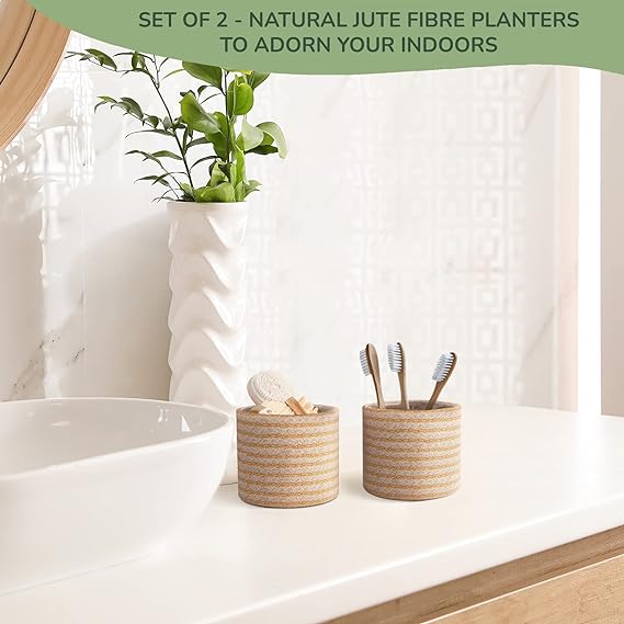 Jute Planters with Poly-Lining Set of 2 Orange/Natural Jute 4.5x4.5x4" - India Wholesale Co.