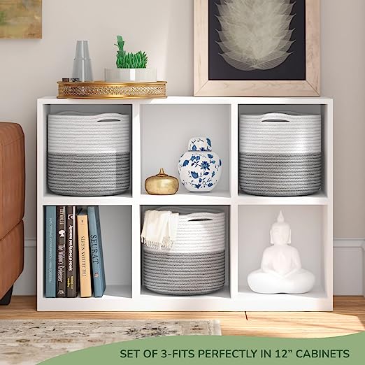 Cotton Basket Set of 3 White/Grey 11x11x11" - India Wholesale Co.