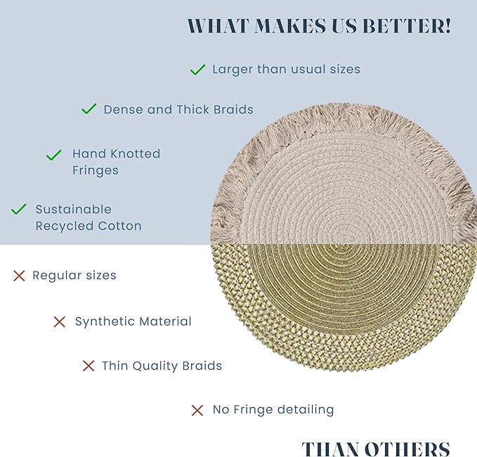 Ivory Braided Solid Placemat with fringes set of 6 (13" + with 2" fringes) +6 Coasters (4")- Recycle Cotton - India Wholesale Co.