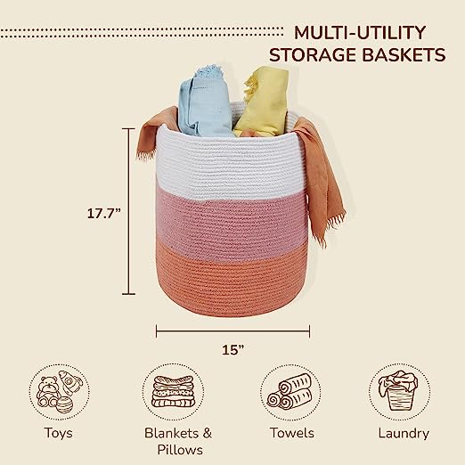 Cotton Basket without Lid Pink and White 15x15x17.7" - India Wholesale Co.