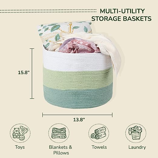 Cotton Basket without Lid Green and White 15.8x15.8x13.8" - India Wholesale Co.