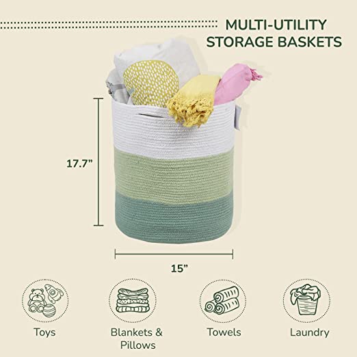 Cotton Basket without Lid Green and White 15x15x17.7" - India Wholesale Co.
