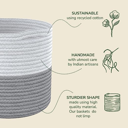 Cotton Basket Set of 3 White/Grey 11x11x11" - India Wholesale Co.