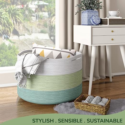 Cotton Basket without Lid Green and White 21.7x21.7x13.8" - India Wholesale Co.