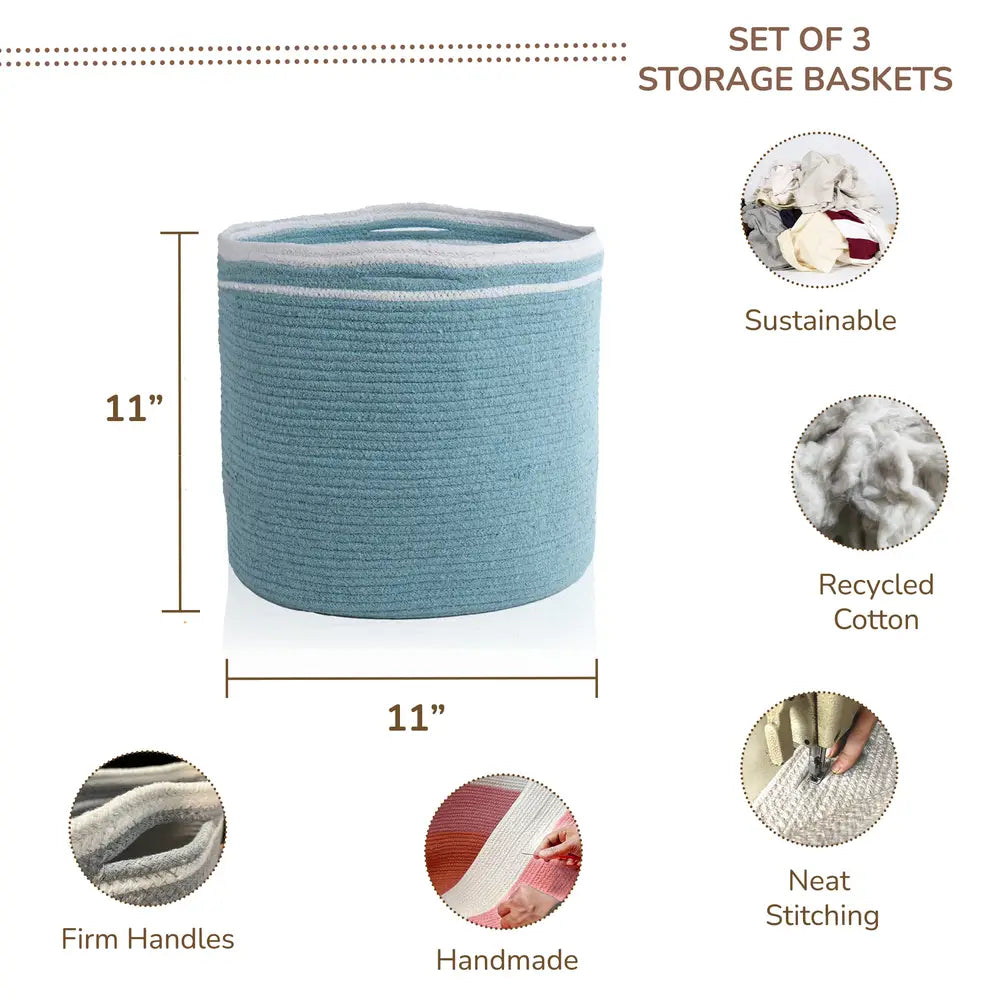 Cotton Basket Set of 3, Cotton, 11x11x11, Blue- Solid - India Wholesale Co.