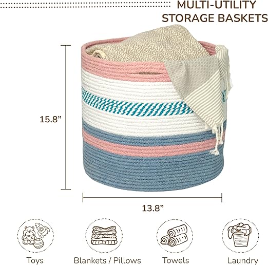 Cotton Basket, Cotton, 15.8x15.8x13.8, Pink & Blue - Melange - India Wholesale Co.
