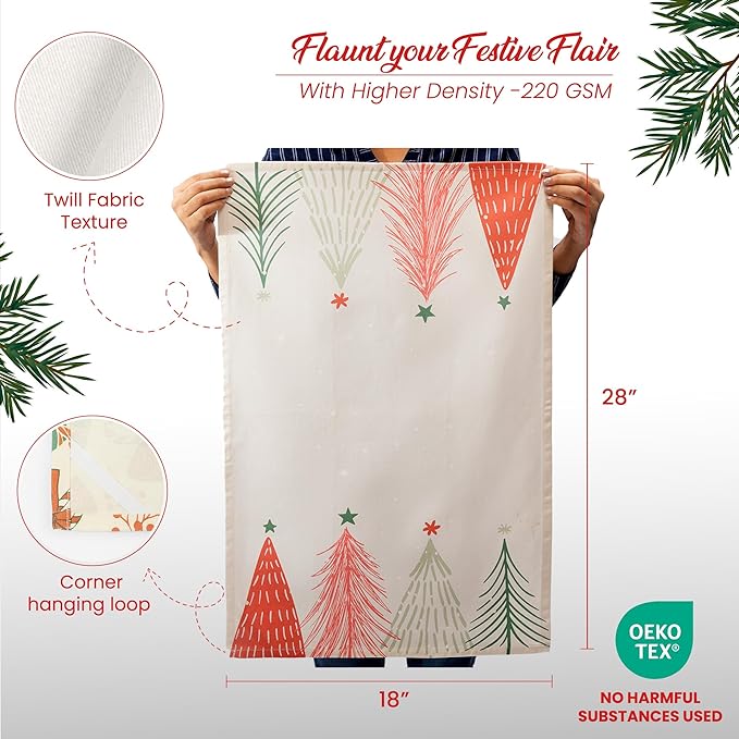Set of 2 Merry Xmas Printed Kitchen Towel 18" x28", 100% Fresh cotton, Cherry Red & Green - India Wholesale Co.