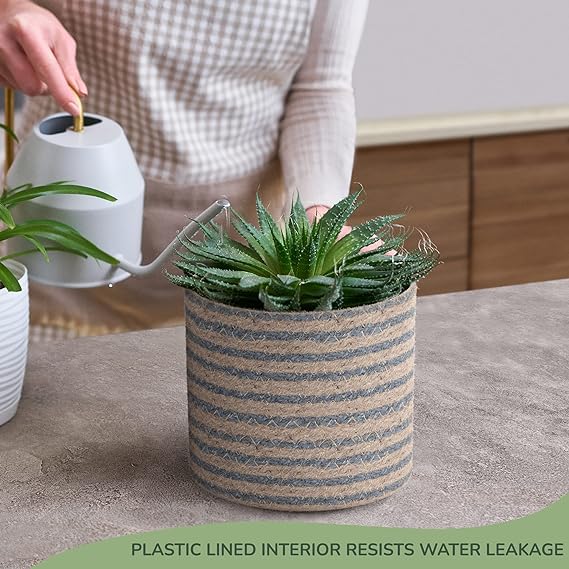 Jute Planters with Poly-Lining Set of 2 Teal Blue/Natural Jute 6.5x6.5x6" - India Wholesale Co.
