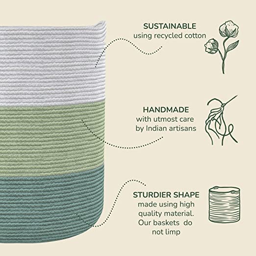 Cotton Basket without Lid Green and White 15x15x17.7" - India Wholesale Co.