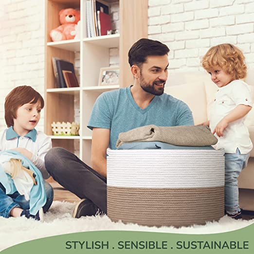 Cotton Basket without Lid White/Beige 21.7x21.7x13.8" - India Wholesale Co.