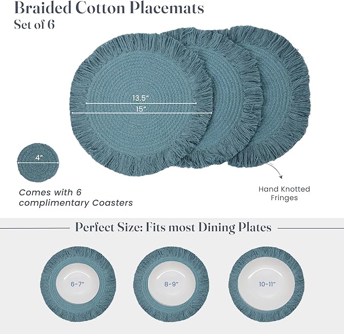 Blue Braided Solid Placemat with fringes set of 4 (13" + with 2" fringes) +4 Coasters (4")- Recycle Cotton - India Wholesale Co.