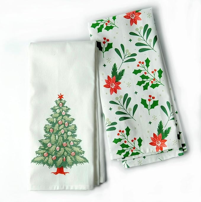 Set of 2 Xmas tree Printed Kitchen Towel 18" x28", 100% Fresh cotton, Olive Green & Red - India Wholesale Co.