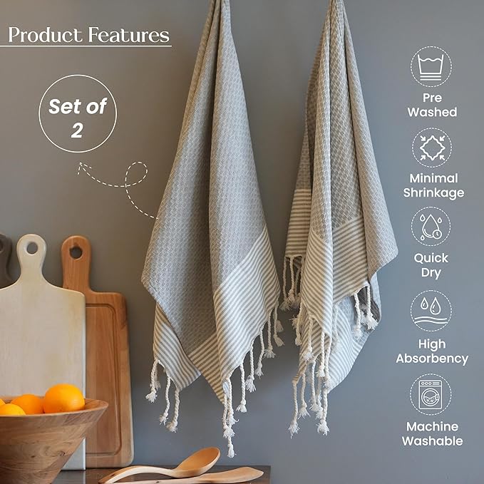 Set of 2 Waffle Stripe Turkish Towel with Twisted Tassels 18" x 40", 100% Fresh cotton, Gray - India Wholesale Co.