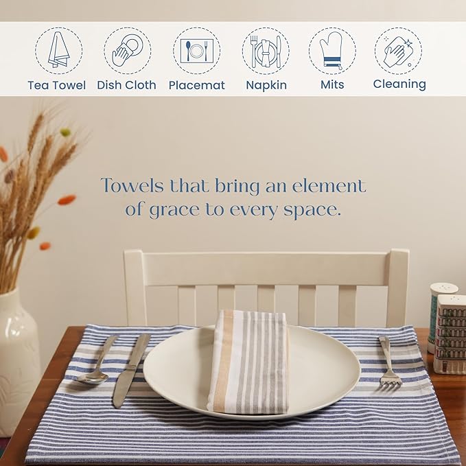 Set of 4 yarn Dyed Kitchen Towel, 18" x 28", Recycled Cotton, Beige & Blue - India Wholesale Co.
