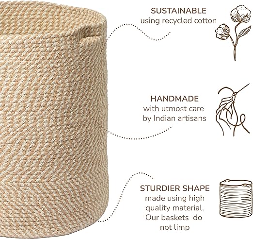 Cotton Basket, Cotton, 15x15x17.7, Brown & White- Melange - India Wholesale Co.