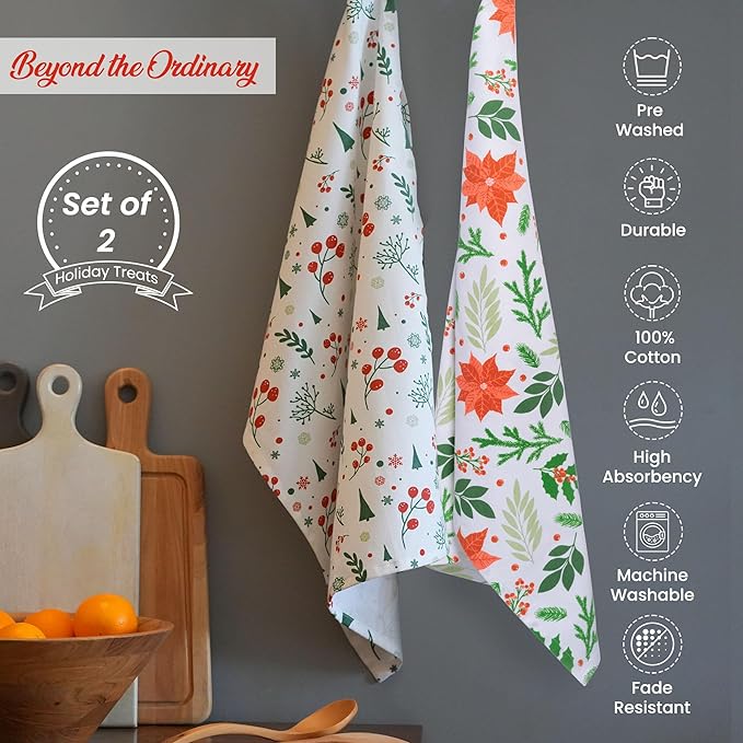 Set of 2 poinsettia flower Printed Kitchen Towel 18" x28", 100% Fresh cotton, Green & White - India Wholesale Co.