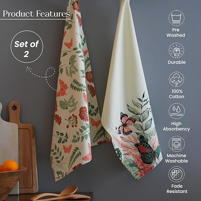 Set of 2 Butterfly Printed Kitchen Towel, 18" x28", 100% Fresh cotton, Red & Green - India Wholesale Co.