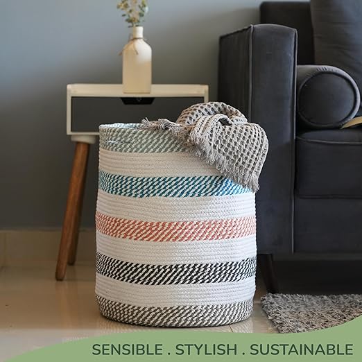 Cotton Basket, Cotton, 15x15x17.7, Multicolor- Melange - India Wholesale Co.