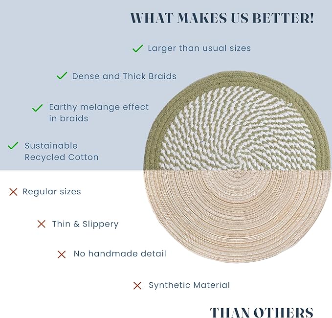 Melange Green & White Braided Placemat set of 6 (3 pcs full melange+3 pcs with solid border) - Recycle Cotton - India Wholesale Co.