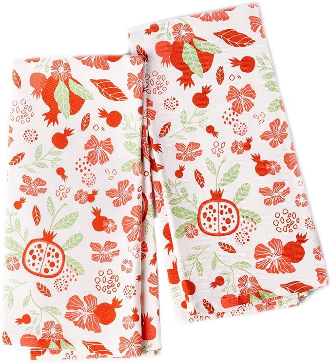 Set of 2 Pomegranate Printed Kitchen Towel 18" x28" , 100% Fresh cotton, Sage & Peppery red - India Wholesale Co.