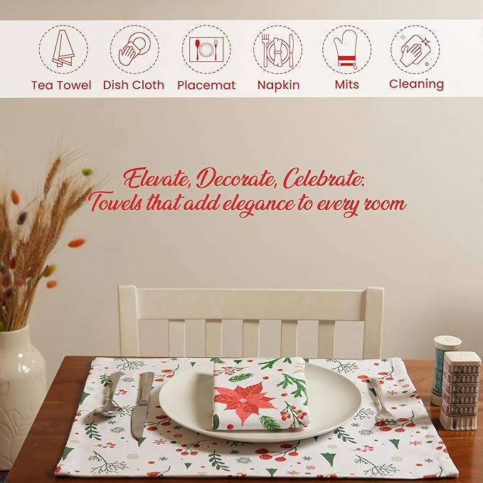 Set of 2 poinsettia flower Printed Kitchen Towel 18" x28", 100% Fresh cotton, Green & White - India Wholesale Co.